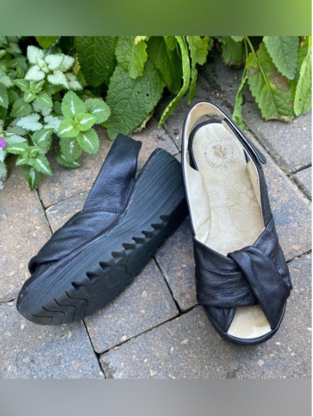 Fly London Yakin Black Leather Knot Wedge Slingback Sandals 38 Fall Sale